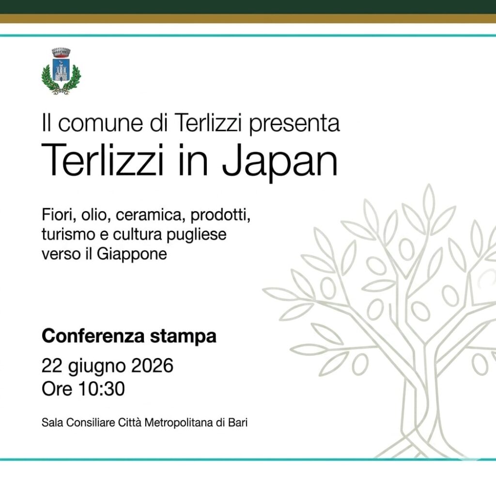 Terlizzi in Japan: olio, fiori e artigianato verso il sol levante. Due conferenze stampa di presentazione fissate per il prossimo 22 giugno, la prima alle ore 10.30 a Bari e la seconda alle ore 18.00 a Terlizzi